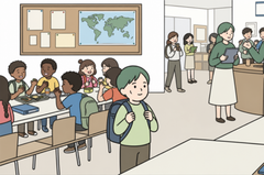 子供連れで留学する様子のイラスト
